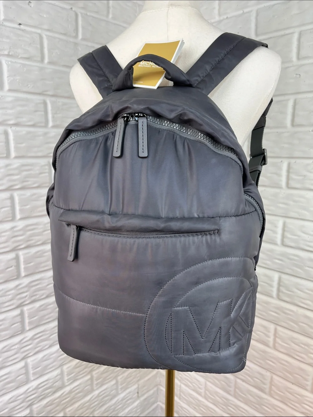 MICHAEL KORS RAE MEDIUM QUILTED NYLON BACKPACK MK LOGO DARK GRAY